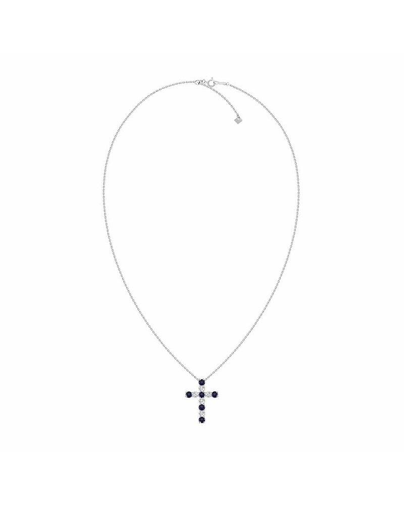 Collar en forma de Cruz con Diamantes y Zafiros azules en Oro Blanco 18K