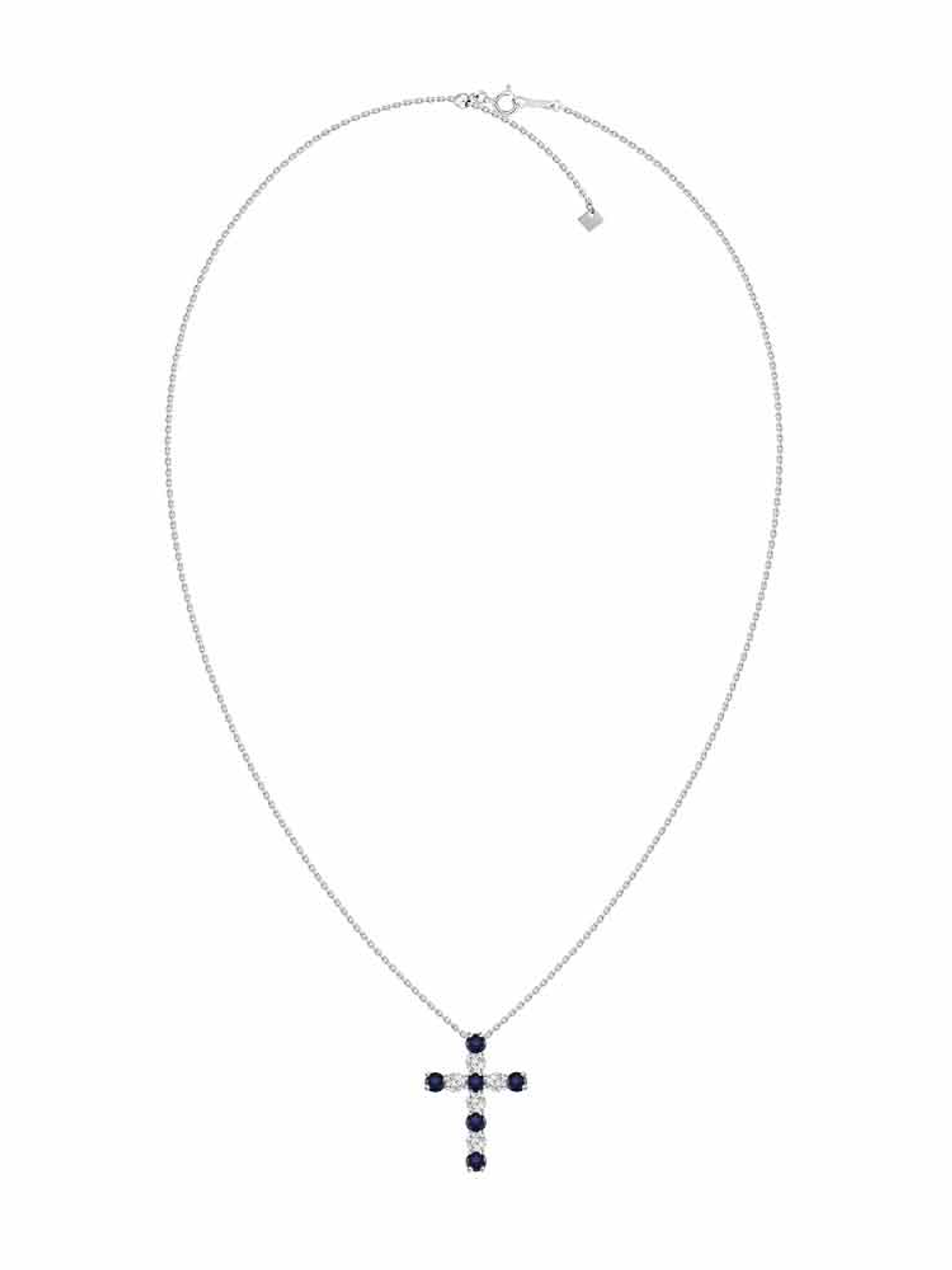 Collar en forma de Cruz con Diamantes y Zafiros azules en Oro Blanco 18K 2