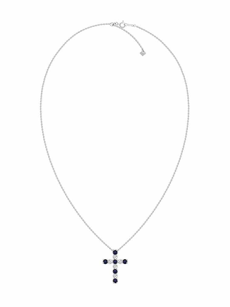 Collar en forma de Cruz con Diamantes y Zafiros azules en Oro Blanco 18K 2