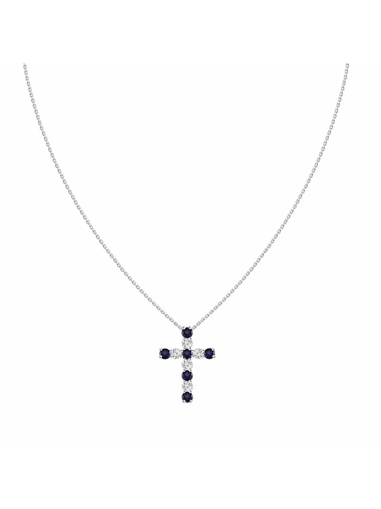 Collar en forma de Cruz con Diamantes y Zafiros azules en Oro Blanco 18K 1