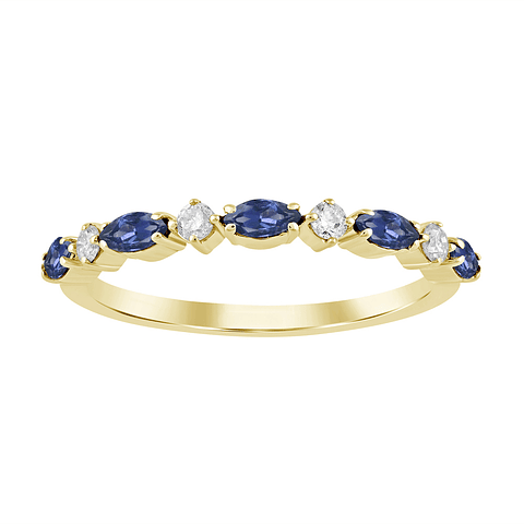 Anillo Cintillo Zafiros Azules y Diamantes en Oro Amarillo 18K