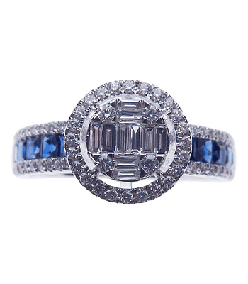 Anillo Tipo Solitario Diamantes y Zafiro en Oro Blanco 18K