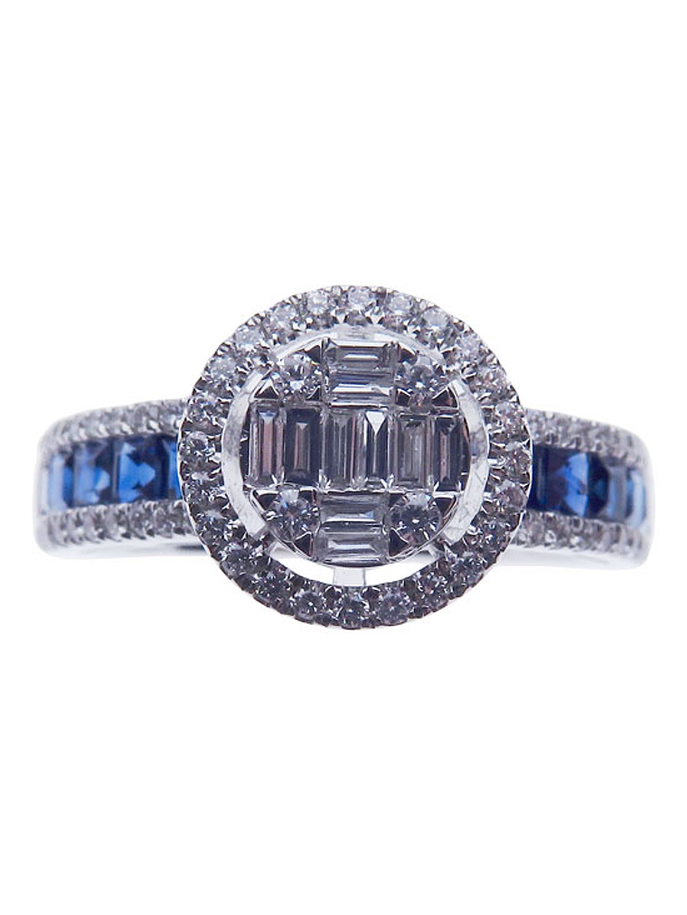 Anillo Tipo Solitario Diamantes y Zafiro en Oro Blanco 18K 1