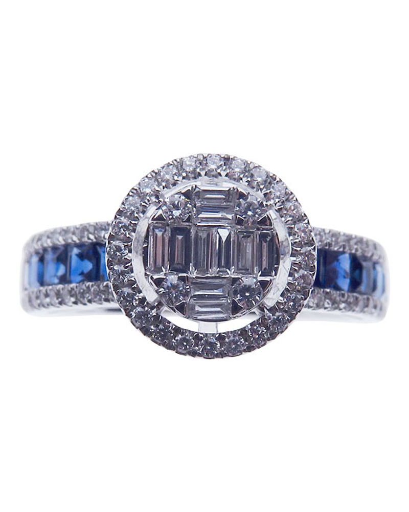 Anillo Tipo Solitario Diamantes y Zafiro en Oro Blanco 18K