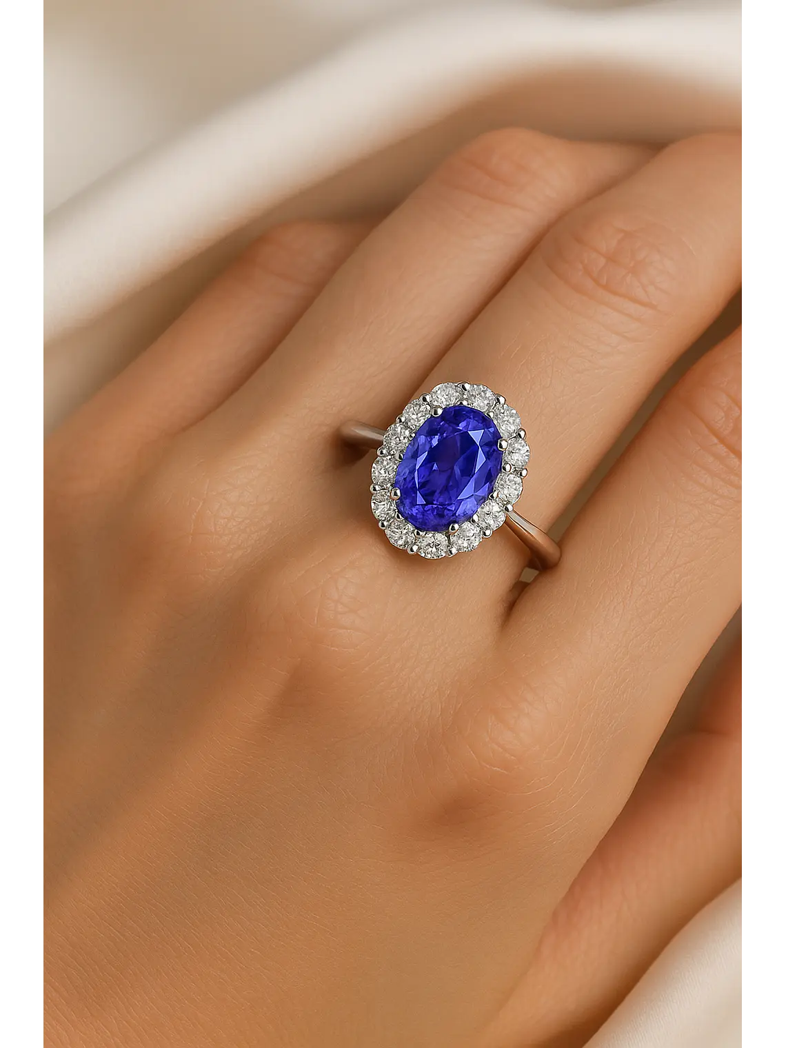 Espectacular Anillo Gran Tanzanita Ovalada con Halo de Brillantes en Platino 2