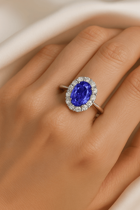 Espectacular Anillo Gran Tanzanita Ovalada con Halo de Brillantes en Platino