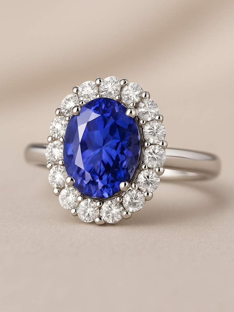 Espectacular Anillo Gran Tanzanita Ovalada con Halo de Brillantes en Platino 3