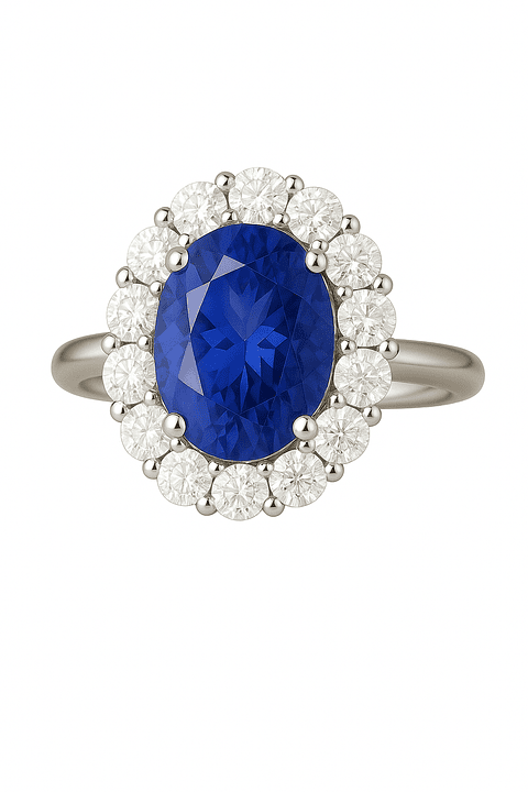 Espectacular Anillo Gran Tanzanita Ovalada con Halo de Brillantes en Platino