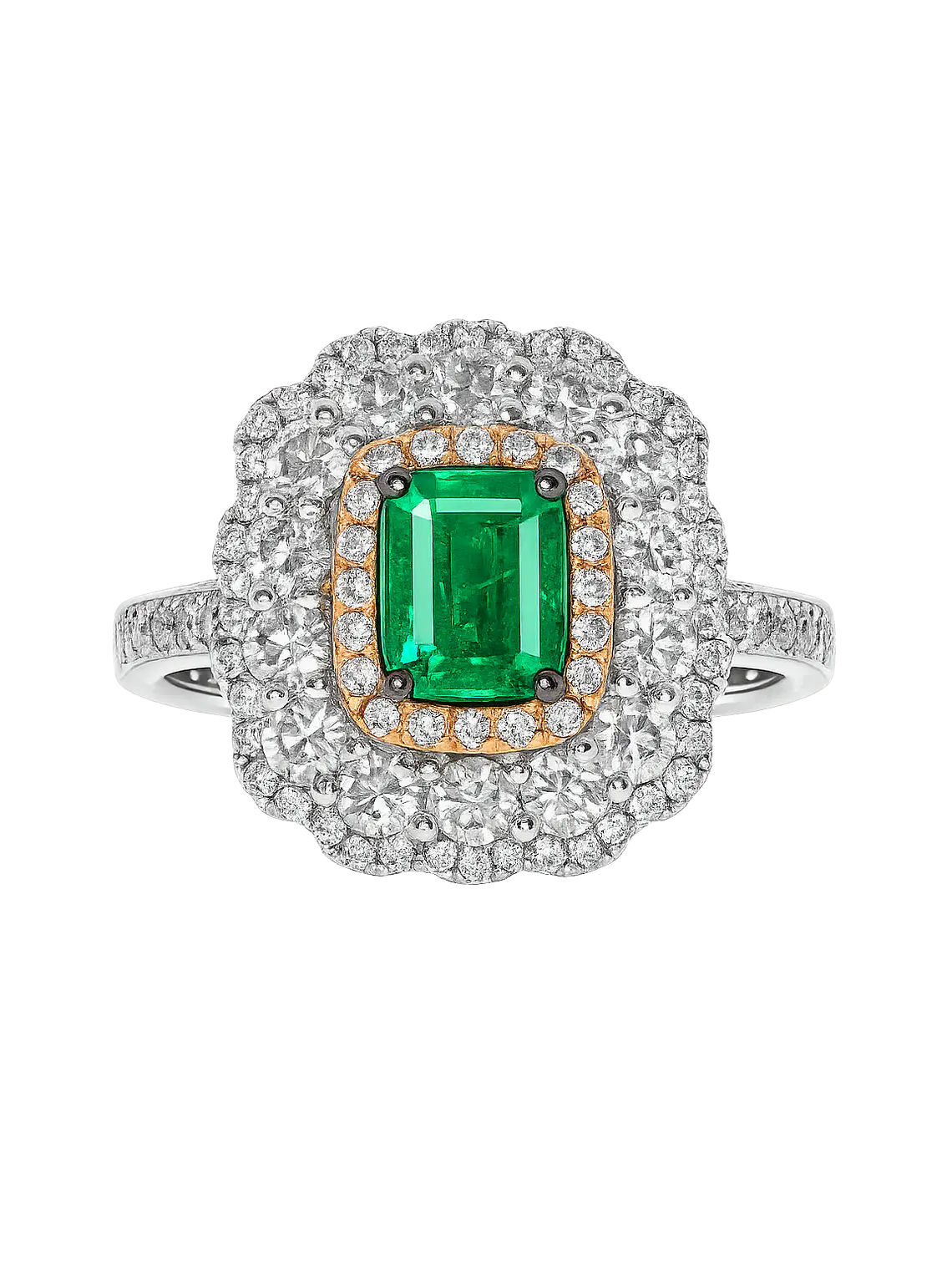 Anillo Solitario Esmeralda Diamantes Rosados Doble Halo Diamantes en Oro Blanco 18K 1