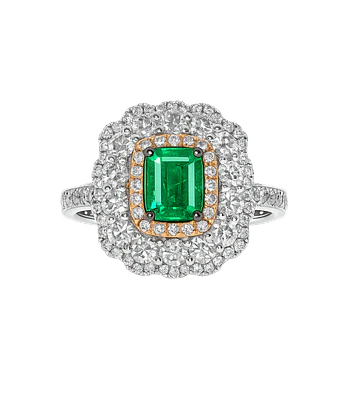 Anillo Solitario Esmeralda Diamantes Rosados Doble Halo Diamantes en Oro Blanco 18K