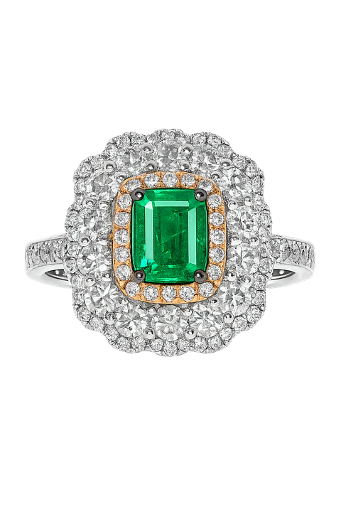 Anillo Solitario Esmeralda Diamantes Rosados Doble Halo Diamantes en Oro Blanco 18K
