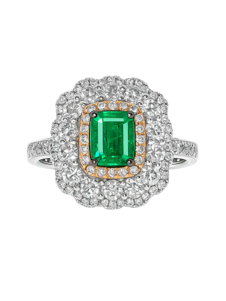 Anillo Solitario Esmeralda Diamantes Rosados Doble Halo Diamantes en Oro Blanco 18K 1