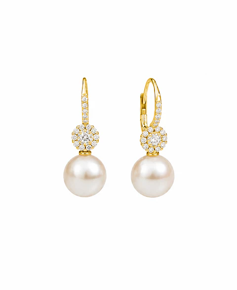Aros Perlas y Diamantes en Oro Amarillo 18K