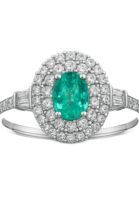 Precioso Anillo Turmalina Paraíba Natural Halo de Diamantes en Oro Blanco 18K