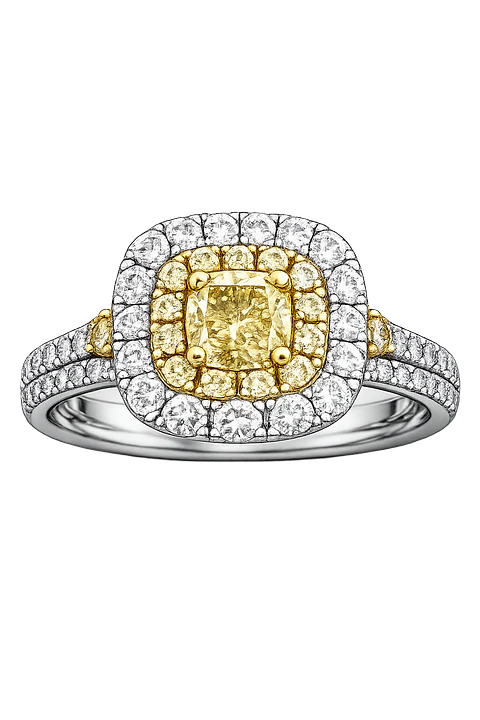 Anillo Solitario Diamante Fancy Yellow Natural Oro Blanco 18K
