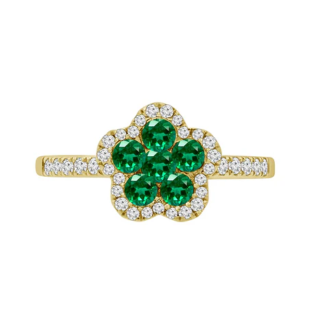 Anillo Flor Esmeraldas y Diamantes en Oro Amarillo 18K