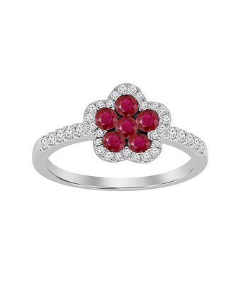 Anillo Flor Rubí y Diamantes en Oro Blanco 18K