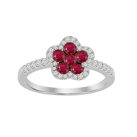 Anillo Flor Rubí y Diamantes en Oro Blanco 18K