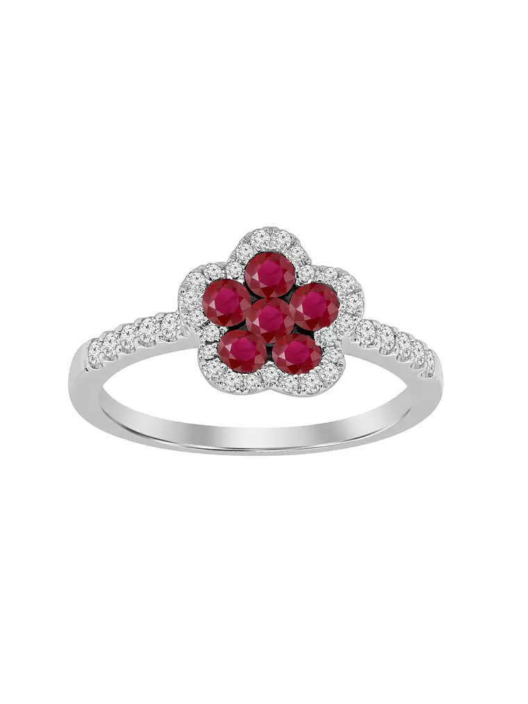 Anillo Flor Rubí y Diamantes en Oro Blanco 18K 1