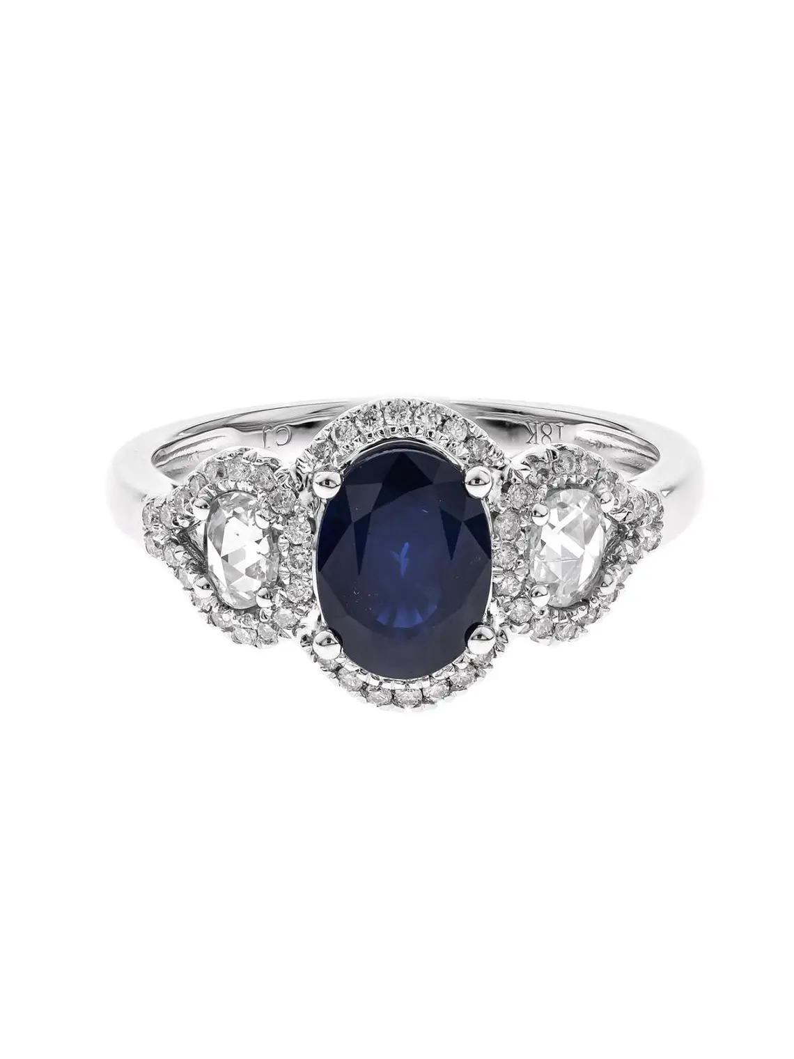 Precioso Anillo Solitario Zafiro Azul Diamantes Laterales Oro Blanco 18K 1