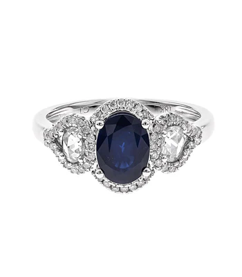 Precioso Anillo Solitario Zafiro Azul Diamantes Laterales Oro Blanco 18K