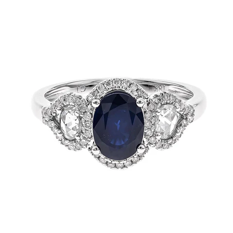 Precioso Anillo Solitario Zafiro Azul Diamantes Laterales Oro Blanco 18K