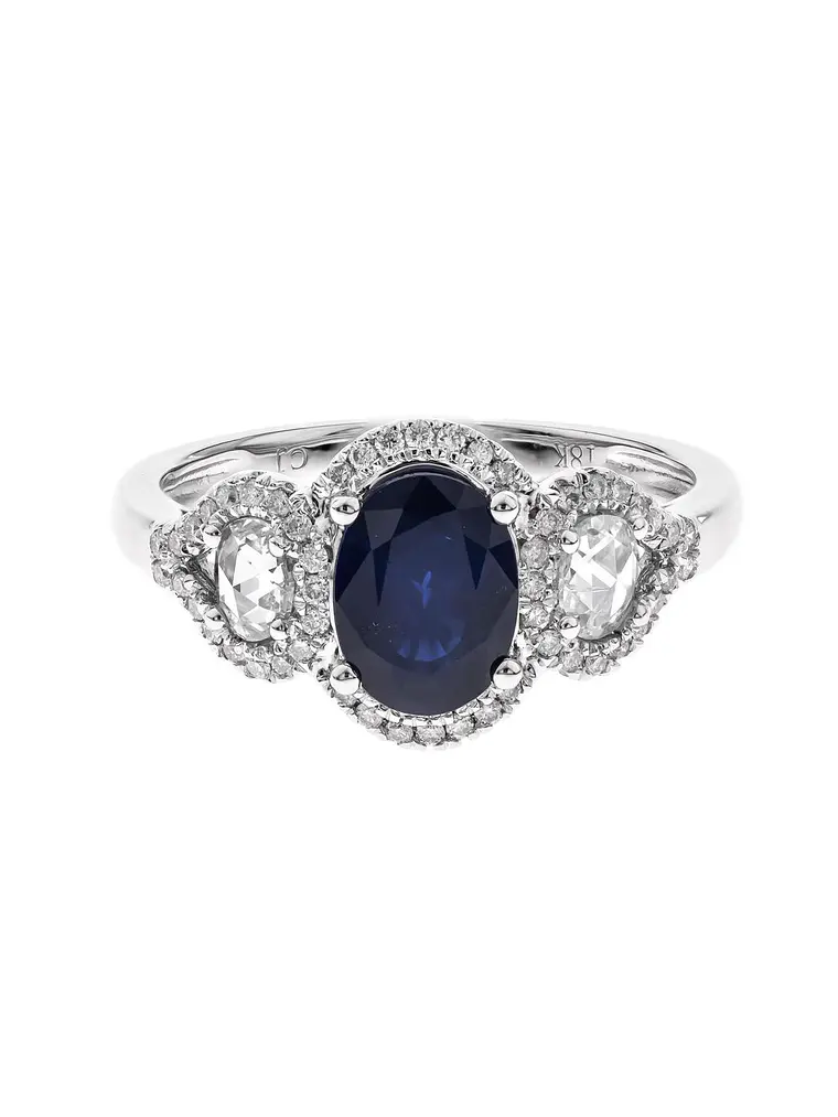 Precioso Anillo Solitario Zafiro Azul Diamantes Laterales Oro Blanco 18K 1