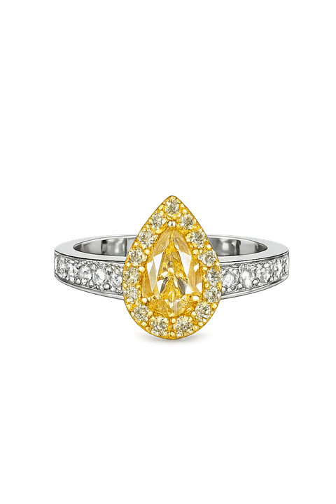 Anillo Solitario Diamante Fancy Yellow Natural Gota Oro Blanco 18k