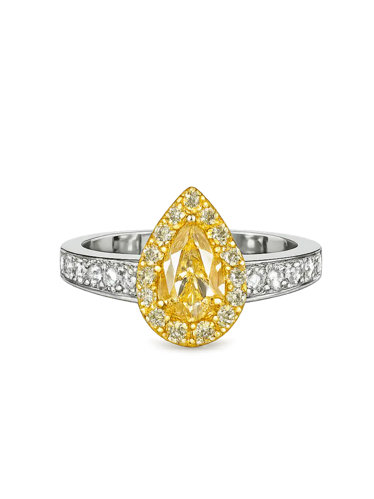 Anillo Solitario Diamante Fancy Yellow Natural Gota Oro Blanco 18k 1