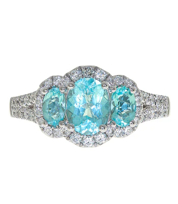 Precioso Anillo Tricillo Paraíba Natural Diamantes en Oro Blanco 18K