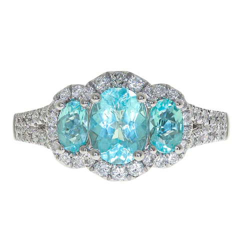 Precioso Anillo Tricillo Paraíba Natural Diamantes en Oro Blanco 18K