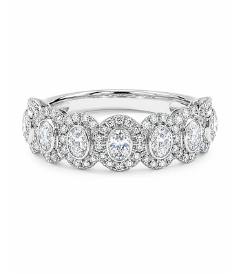 Gran Anillo Cintillo 7 Diamantes Ovales con Halo en Oro Blanco 18K