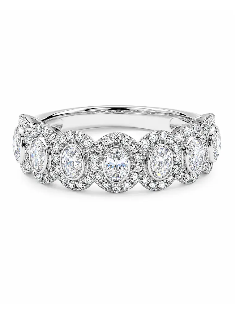 Gran Anillo Cintillo 7 Diamantes Ovales con Halo en Oro Blanco 18K 1