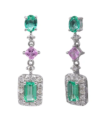 Aros Largos Esmeraldas y Zafiros Rosa Diamantes Naturales en Oro Blanco 18K