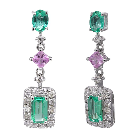 Aros Esmeraldas y Zafiros Rosa Diamantes Naturales en Oro Blanco 18K