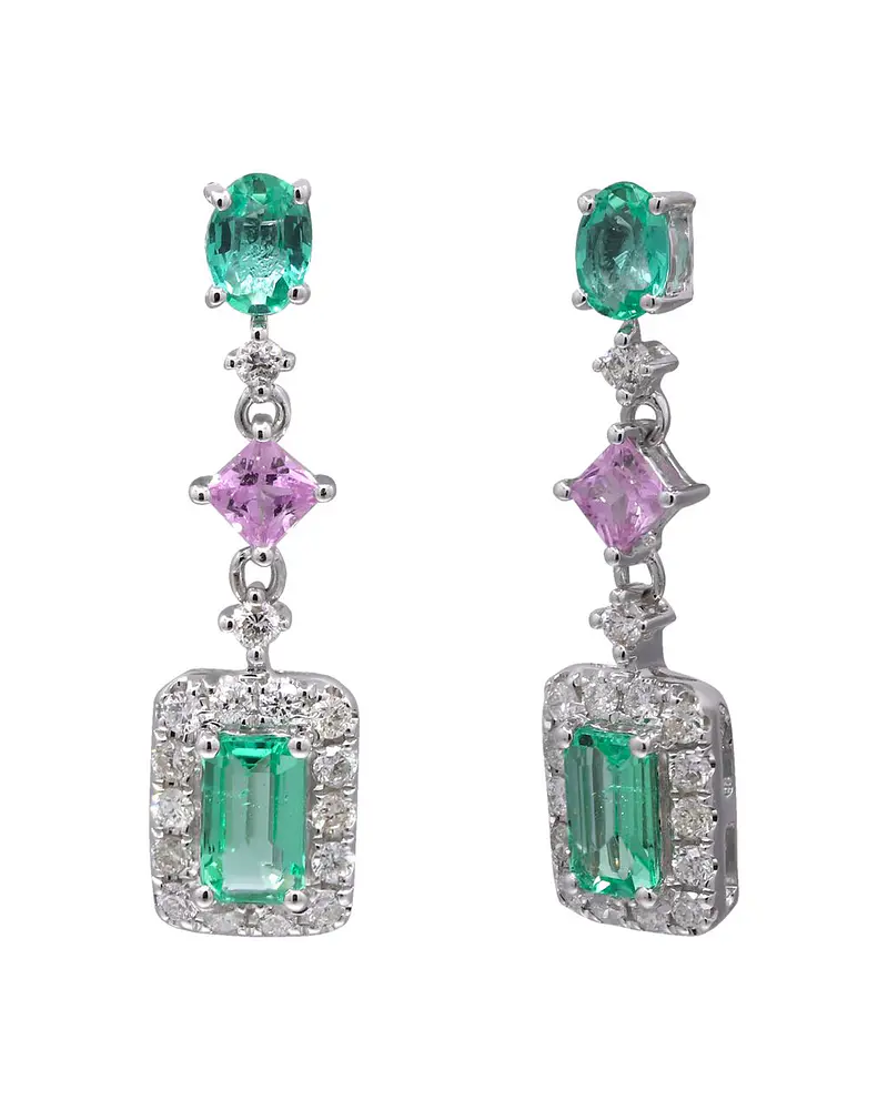 Aros Esmeraldas y Zafiros Rosa Diamantes Naturales en Oro Blanco 18K