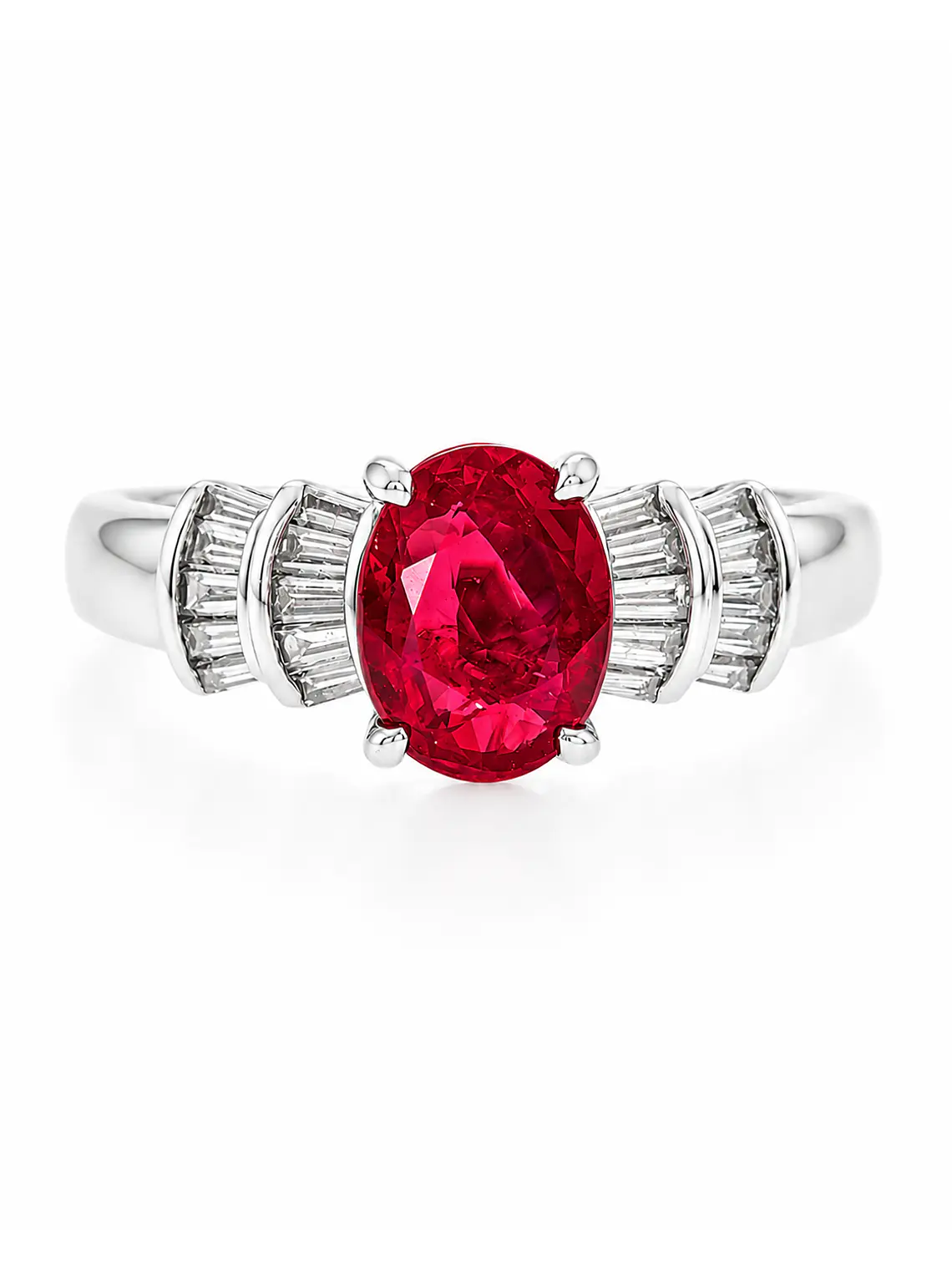 Elegante Anillo Rubí Oval Diamantes Baguette Naturales Platino 1
