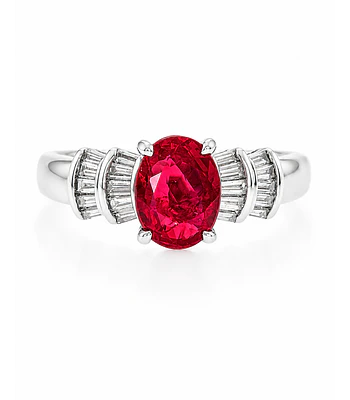 Elegante Anillo Rubí Oval Diamantes Baguette Naturales Platino