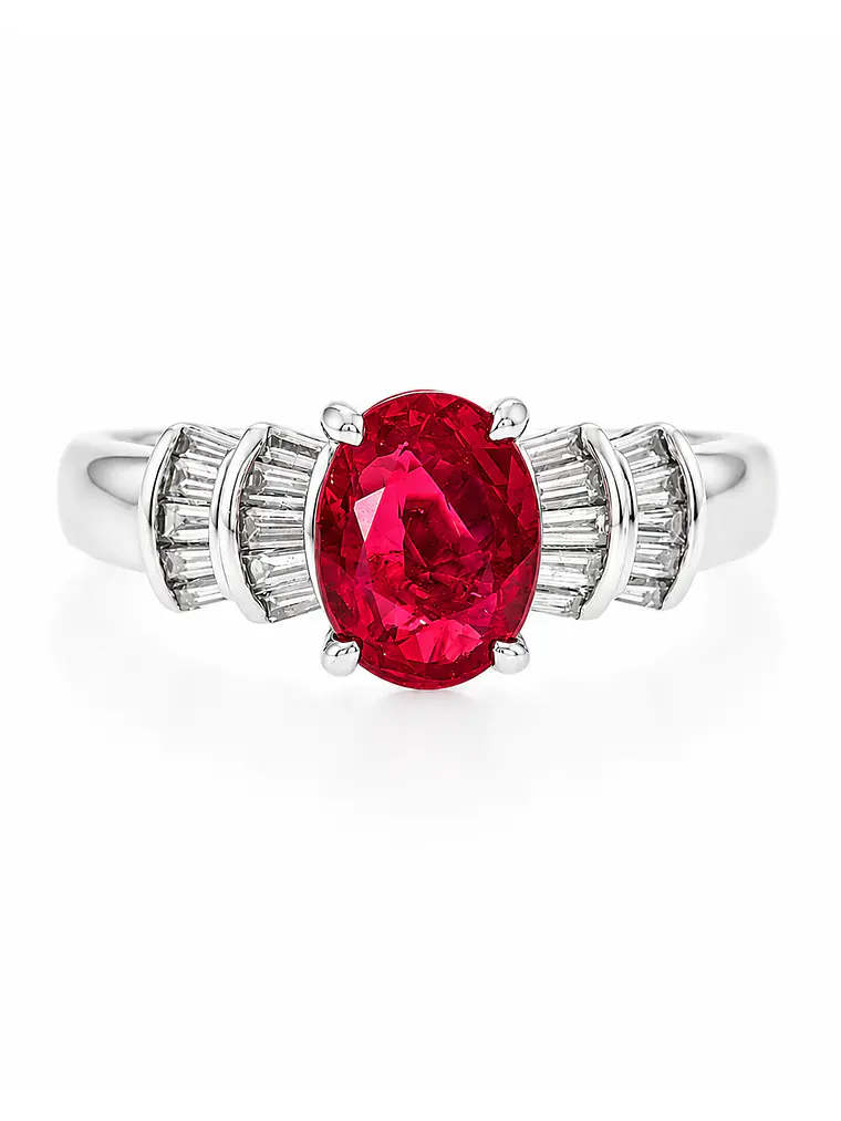 Elegante Anillo Rubí Oval Diamantes Baguette Naturales Platino 1