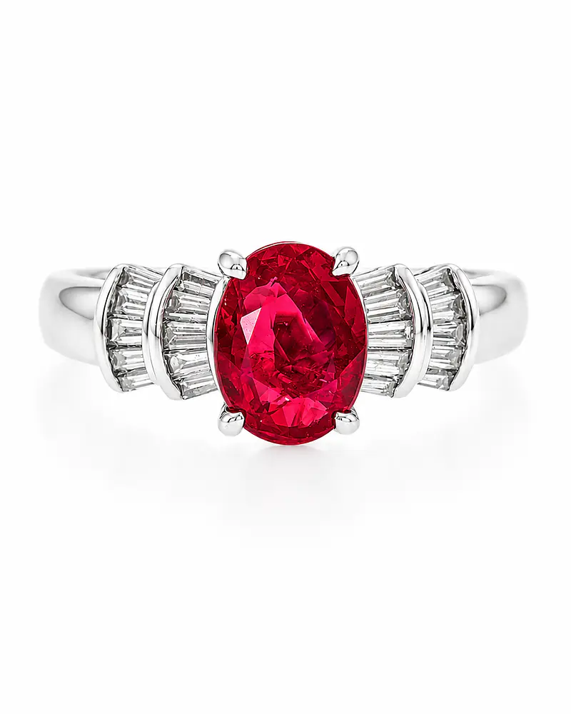 Elegante Anillo Rubí Oval Diamantes Baguette Naturales Platino