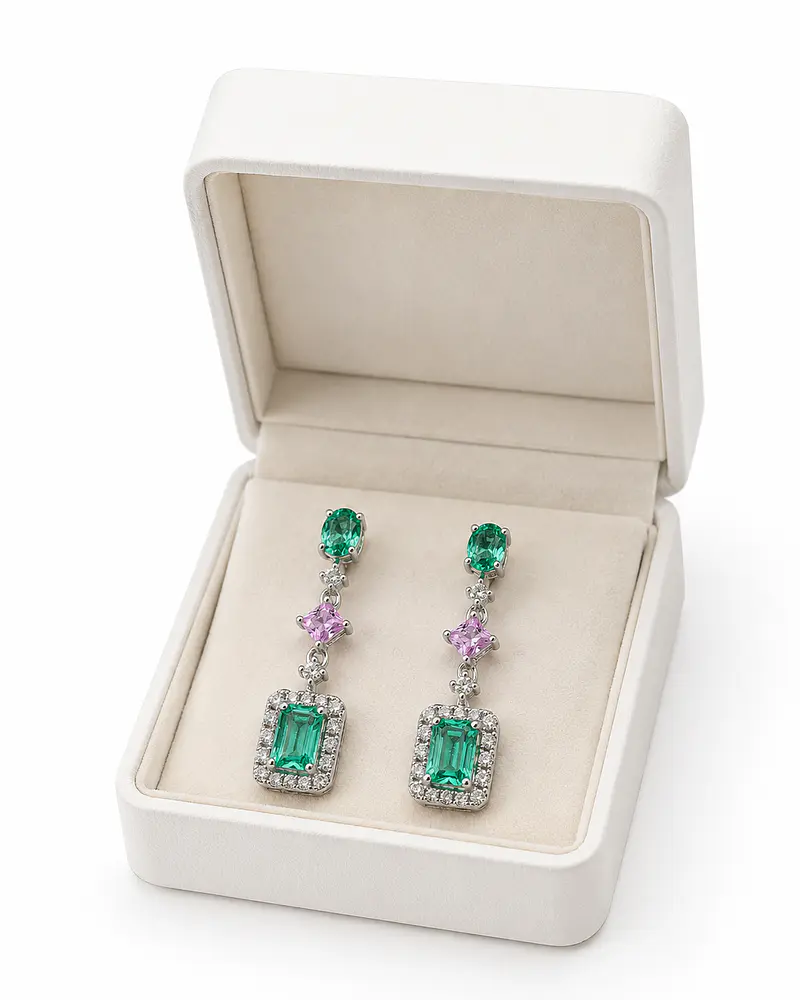 Aros Esmeraldas y Zafiros Rosa Diamantes Naturales en Oro Blanco 18K