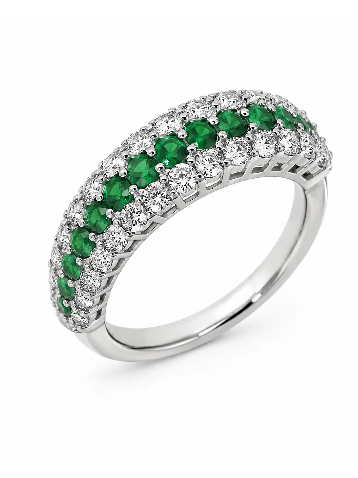 Anillo Medio Cintillo Triple Esmeraldas Diamantes Oro Blanco 18K 1