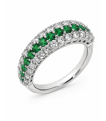 Anillo Medio Cintillo Triple Esmeraldas Diamantes Oro Blanco 18K