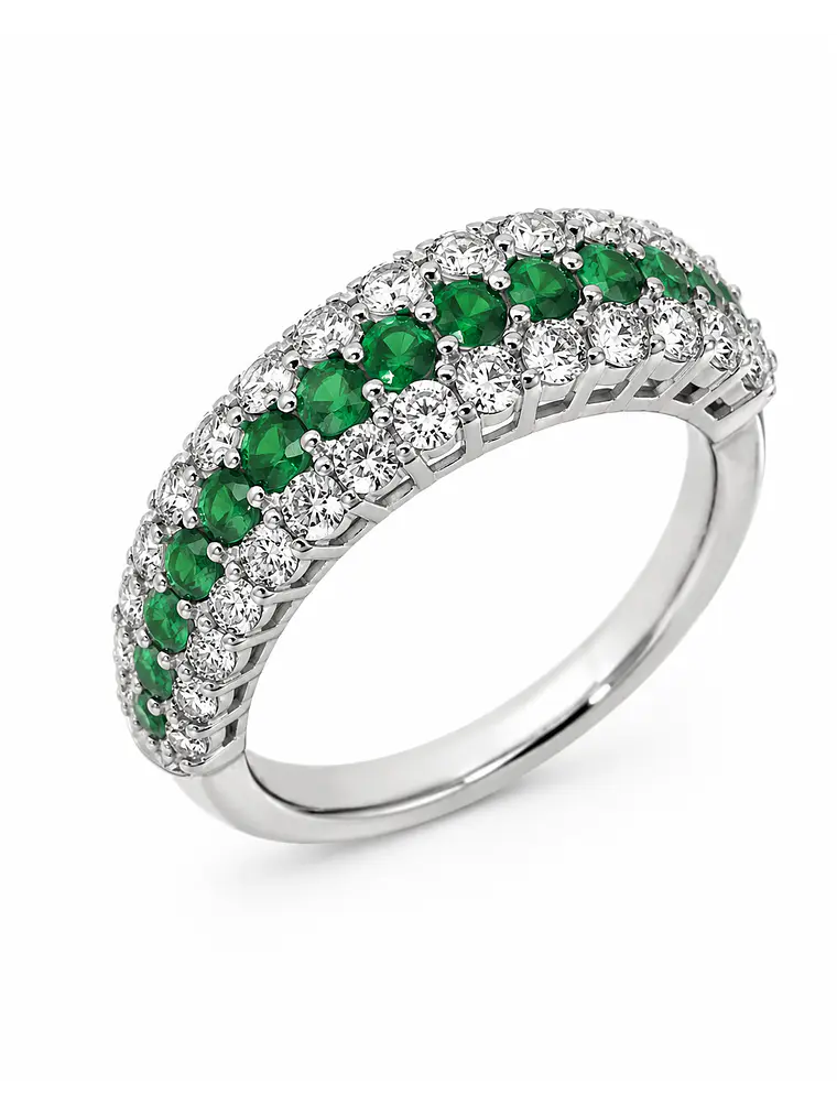 Anillo Medio Cintillo Triple Esmeraldas Diamantes Oro Blanco 18K 1