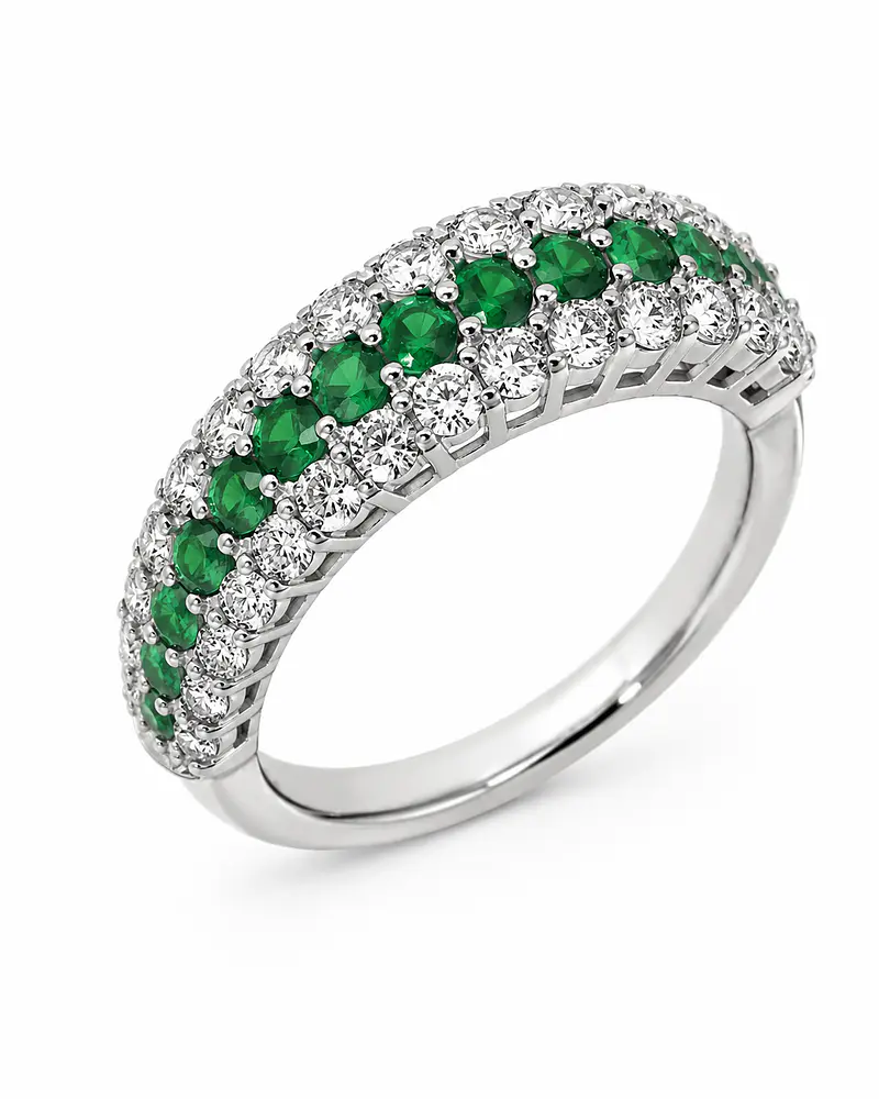 Anillo Medio Cintillo Triple Esmeraldas Diamantes Oro Blanco 18K
