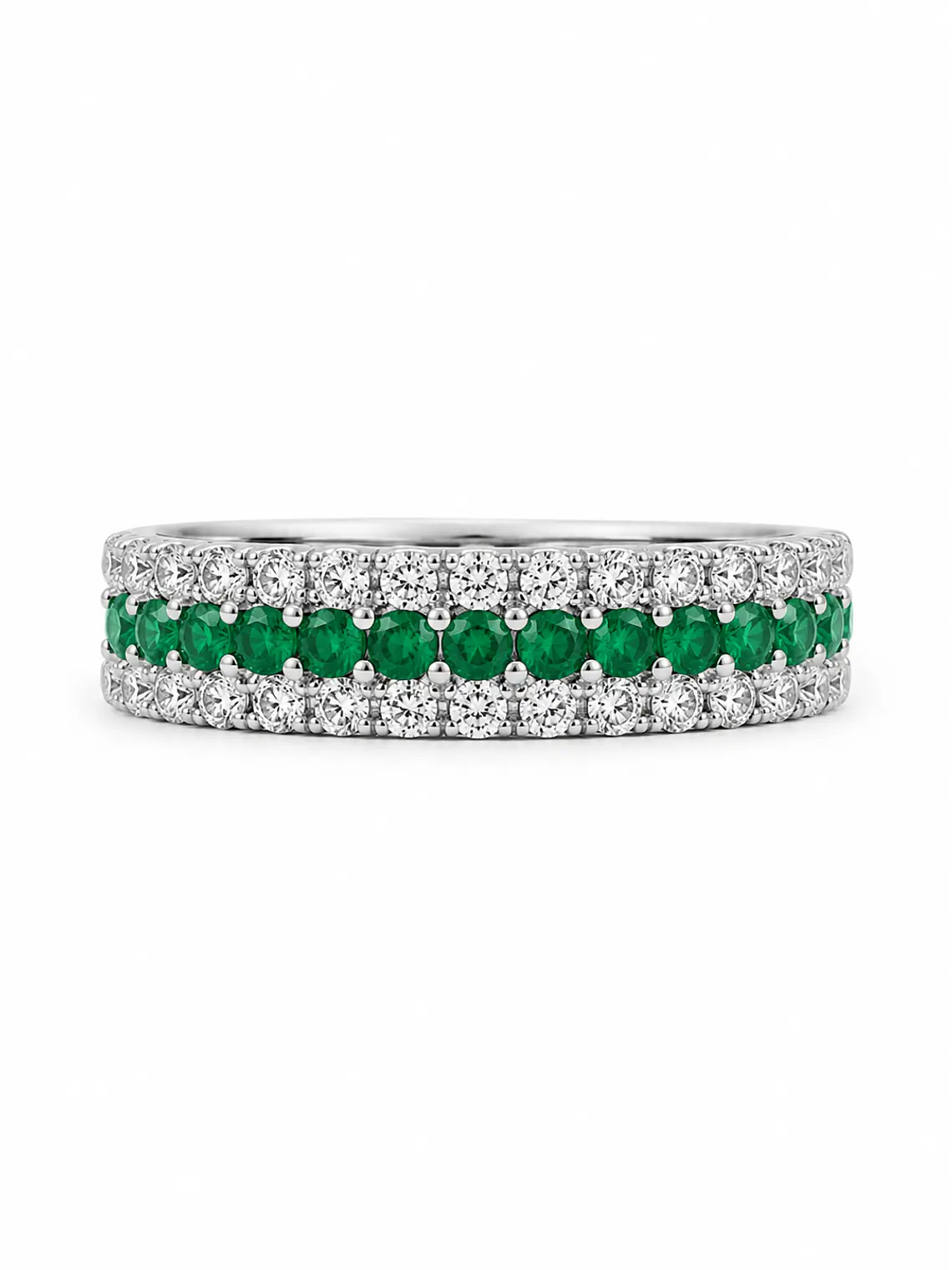 Anillo Medio Cintillo Triple Esmeraldas Diamantes Oro Blanco 18K 2