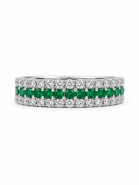 Anillo Medio Cintillo Triple Esmeraldas Diamantes Oro Blanco 18K