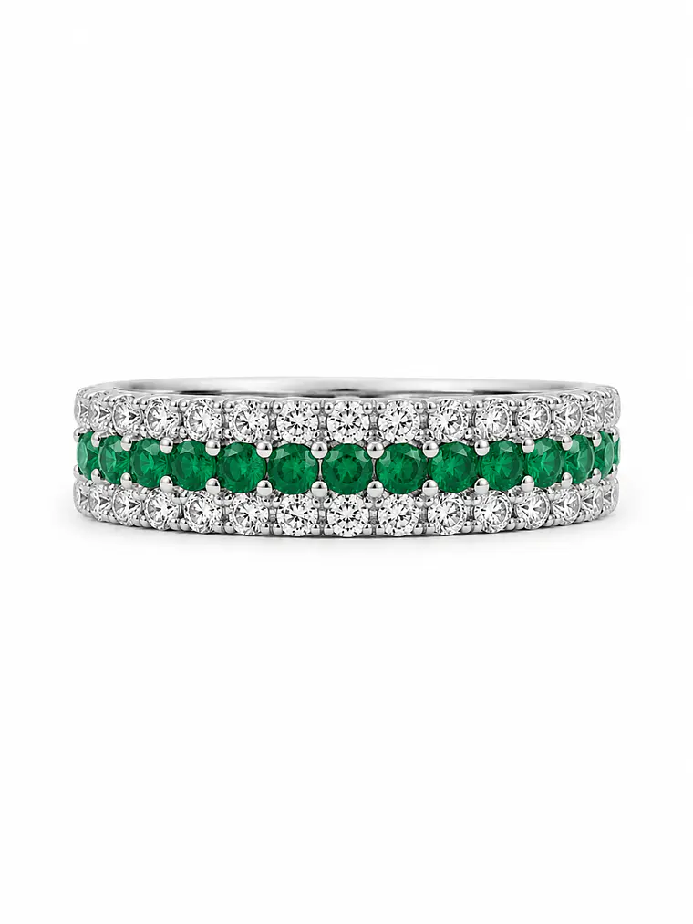 Anillo Medio Cintillo Triple Esmeraldas Diamantes Oro Blanco 18K 2