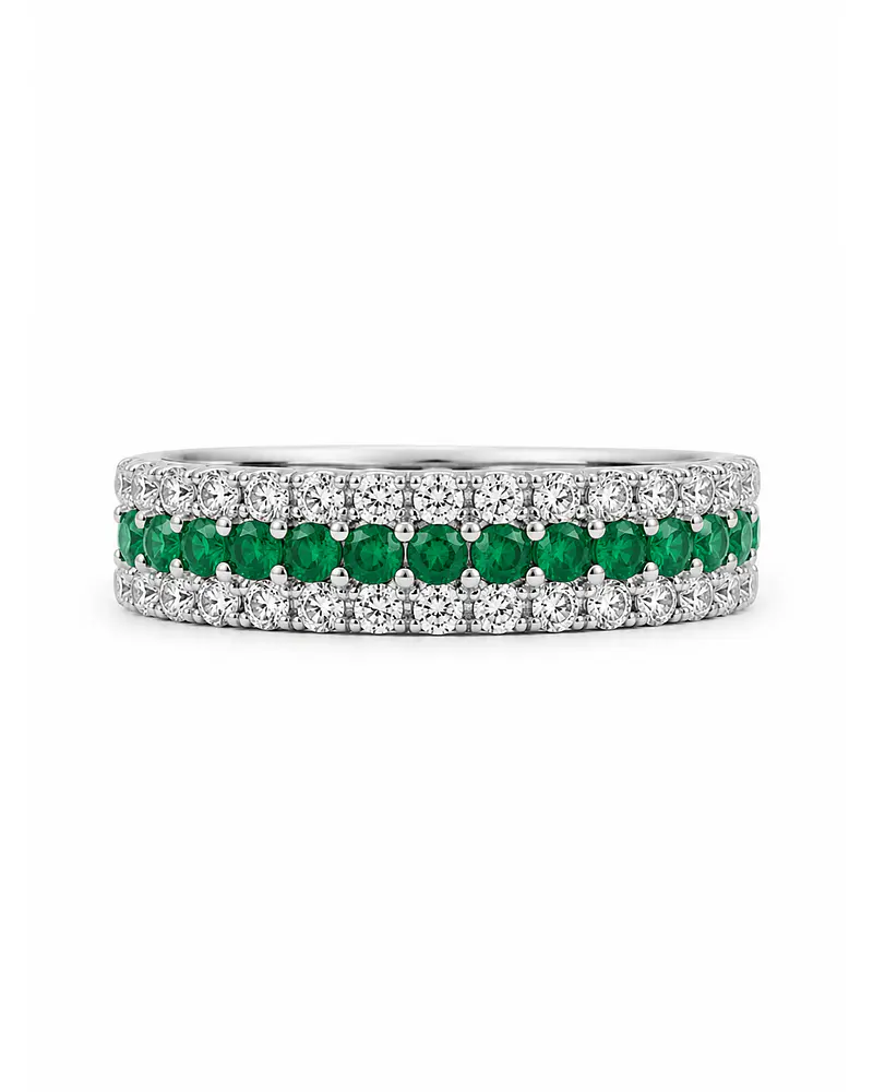 Anillo Medio Cintillo Triple Esmeraldas Diamantes Oro Blanco 18K