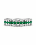 Anillo Medio Cintillo Triple Esmeraldas Diamantes Oro Blanco 18K